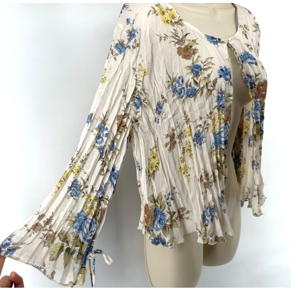 Vtg Y2K 90s Robbie Bee Top 10 Floral Crinkle Bell Sleeve Sheer Fairy Cardigan